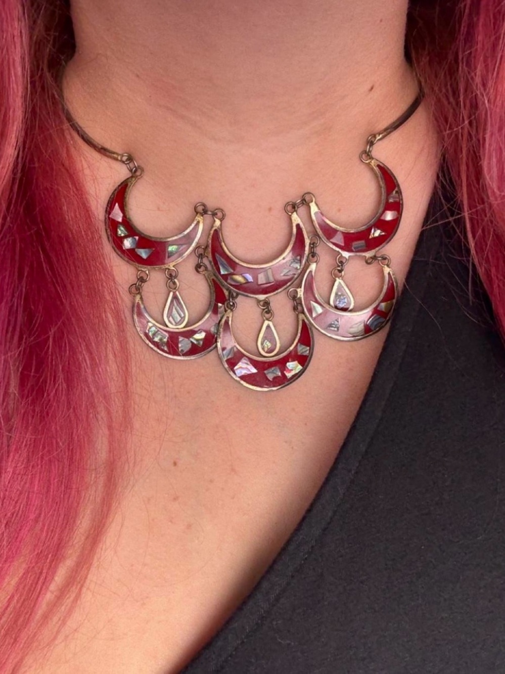 Red Crescent Inlay Statement Necklace - Women Jewelry